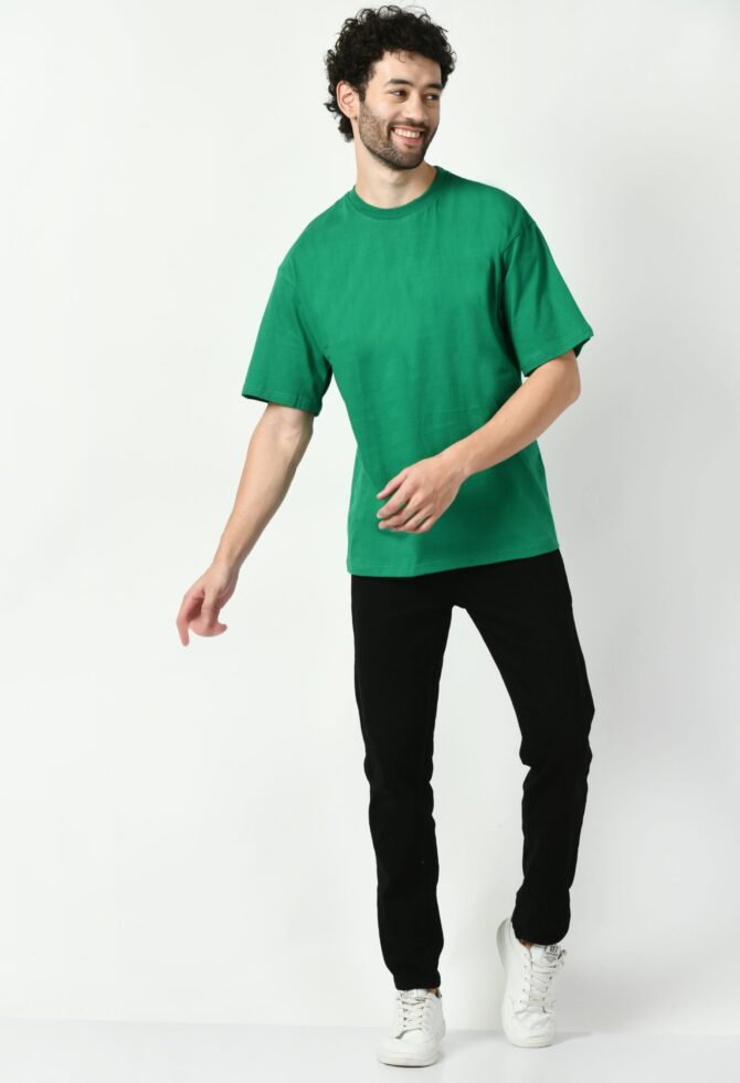 Oversized Half Sleeve Green Solid T-Shirt - Image 2