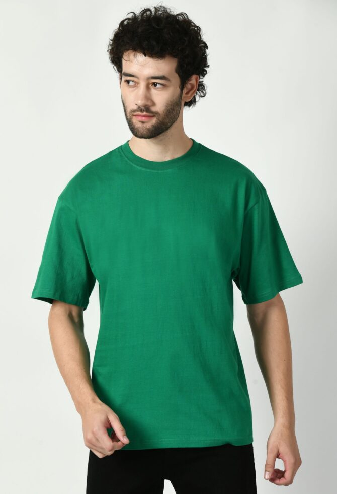 Oversized Half Sleeve Green Solid T-Shirt - Image 6