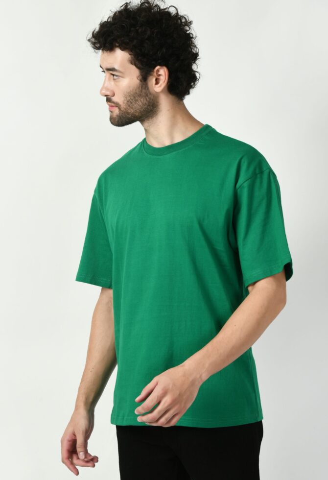 Oversized Half Sleeve Green Solid T-Shirt - Image 5