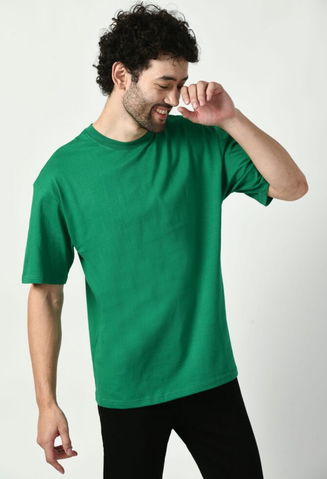 Oversized Half Sleeve Green Solid T-Shirt - Image 4