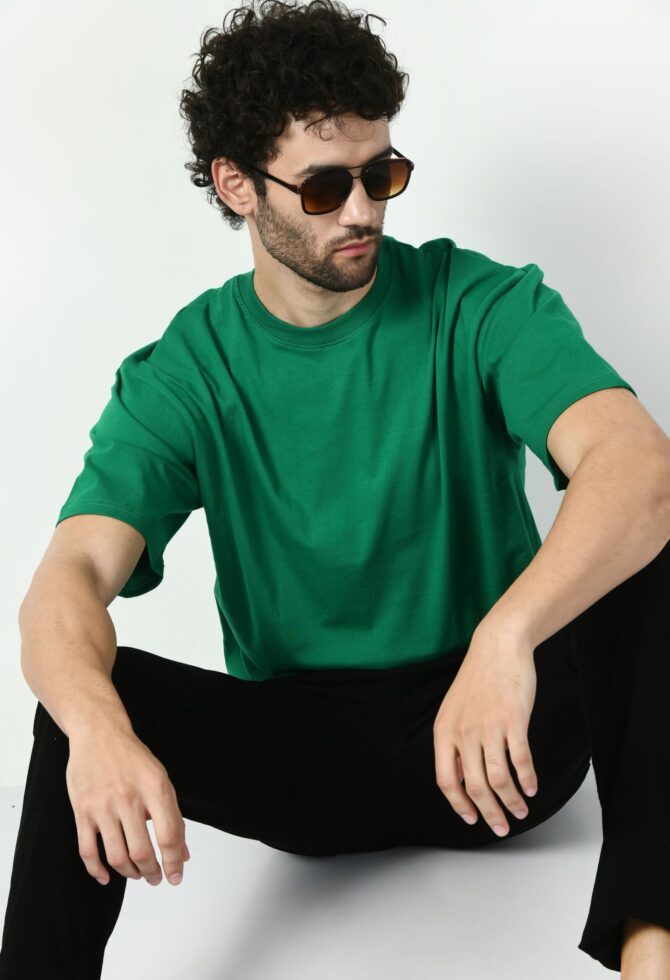 Oversized Half Sleeve Green Solid T-Shirt