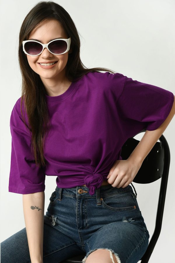 Women Purple Solid Pure Cotton Oversized T-shirt