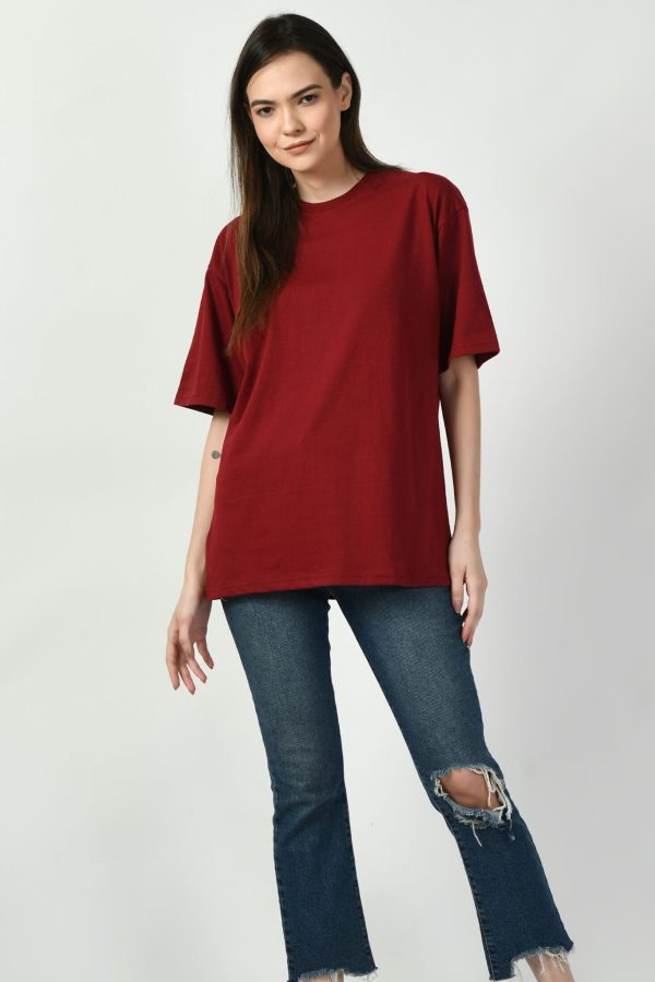 Women Solid Maroon Cotton Oversized Tee